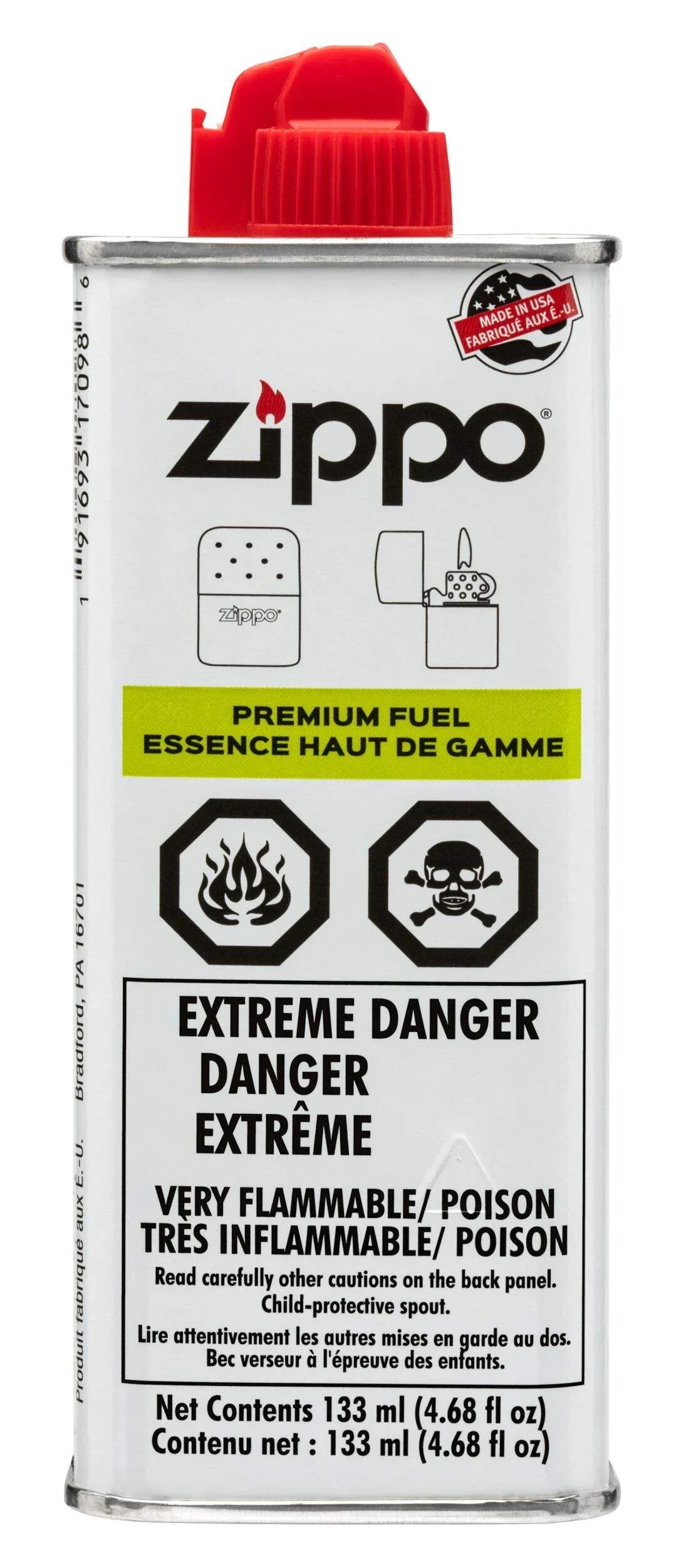 Zippo premium hand warmer fuel 133ml can with red cap, extreme danger flammable label
