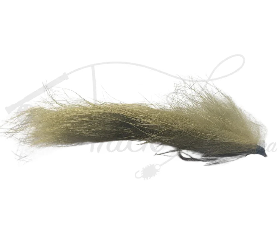 Olive Zonker streamer fly fishing lure with long fur and black head on white background