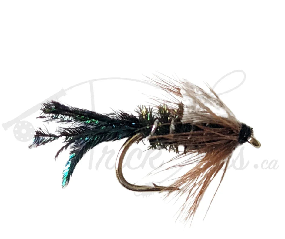 Zug Bug nymph fly fishing lure with iridescent and brown feathers on hook