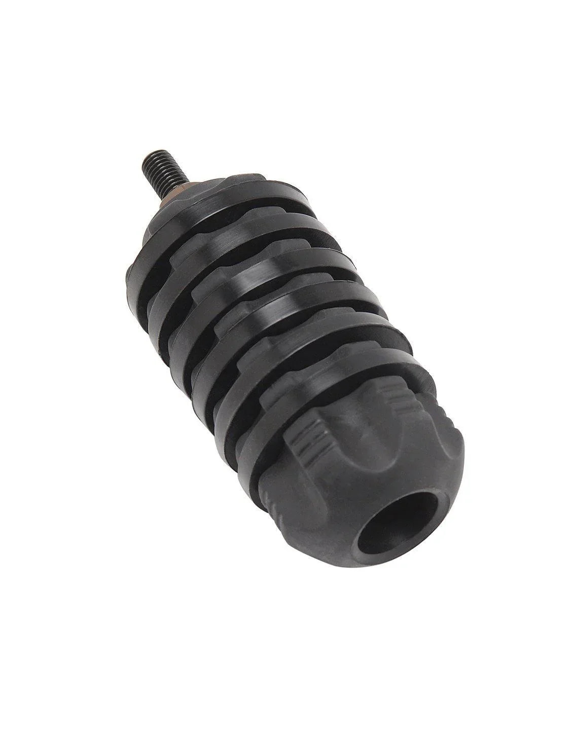Black archery stabilizer accessory with ribbed design and threaded end on white background