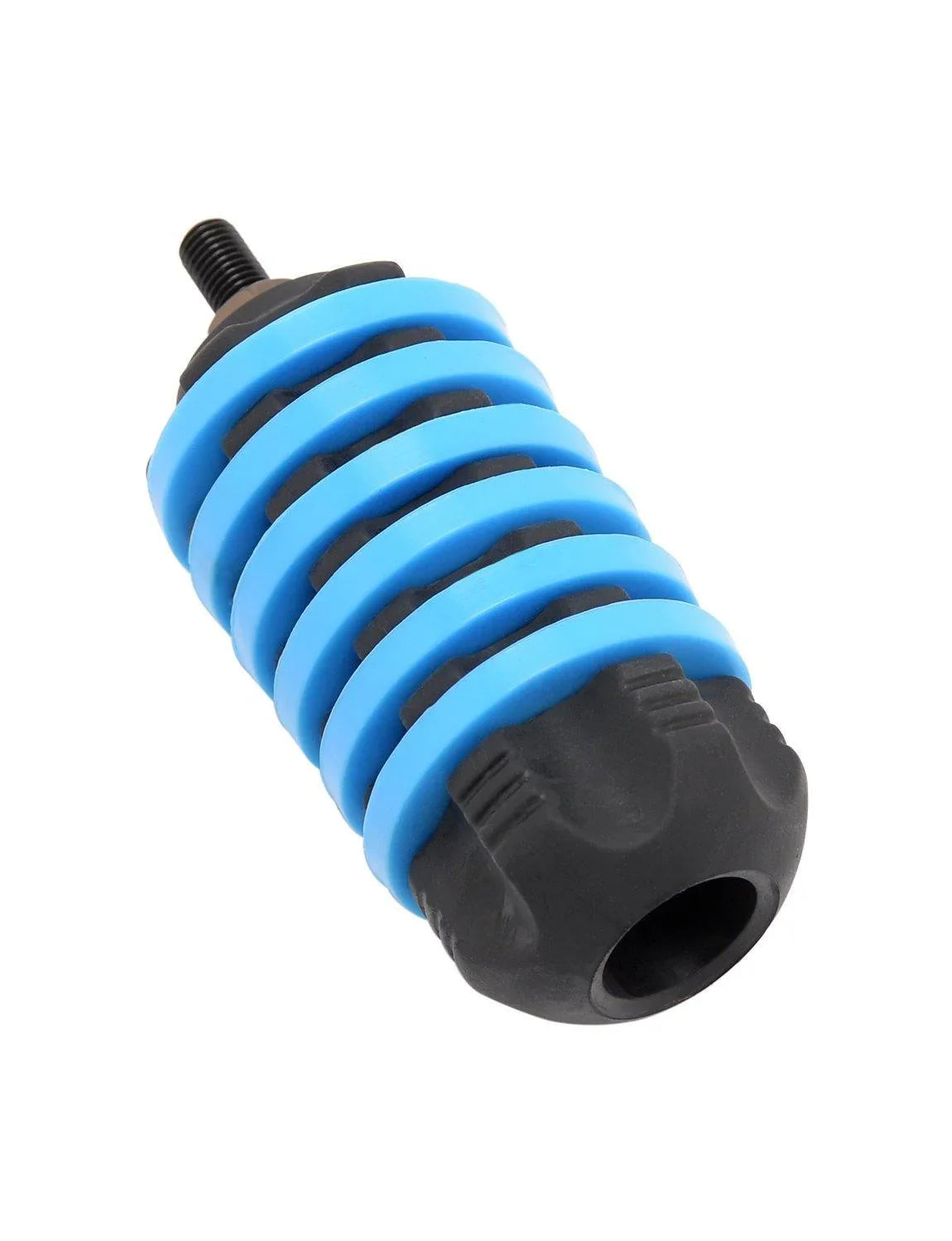 Black and blue archery bow stabilizer for vibration dampening, isolated on white background