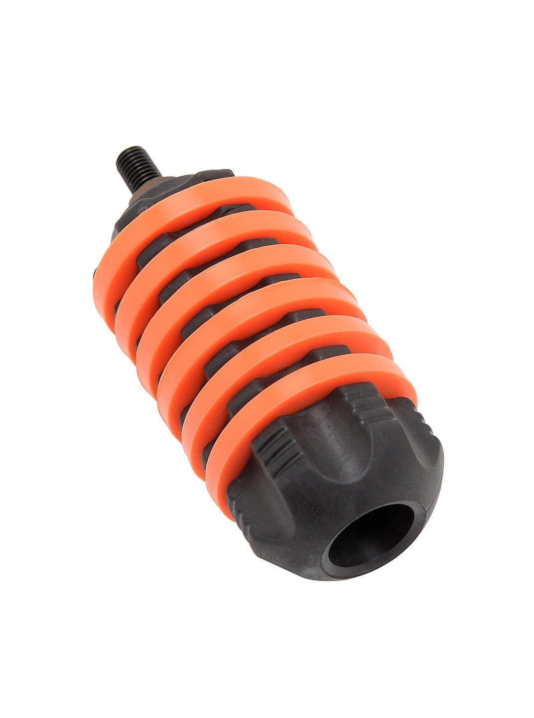 Archery bow stabilizer with black and orange rubber rings on a white background