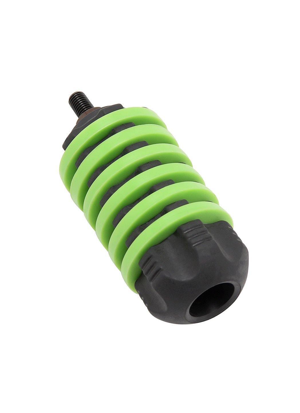 Green and black archery bow stabilizer accessory, close-up on white background