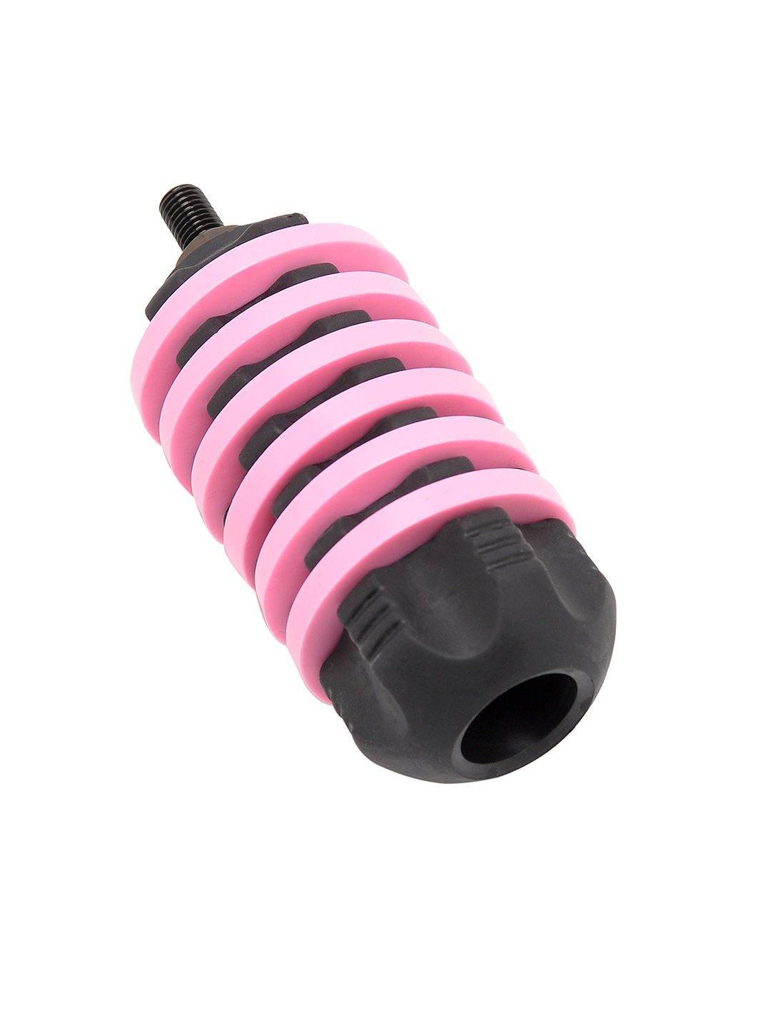 Pink and black archery stabilizer accessory, ribbed, isolated on white background