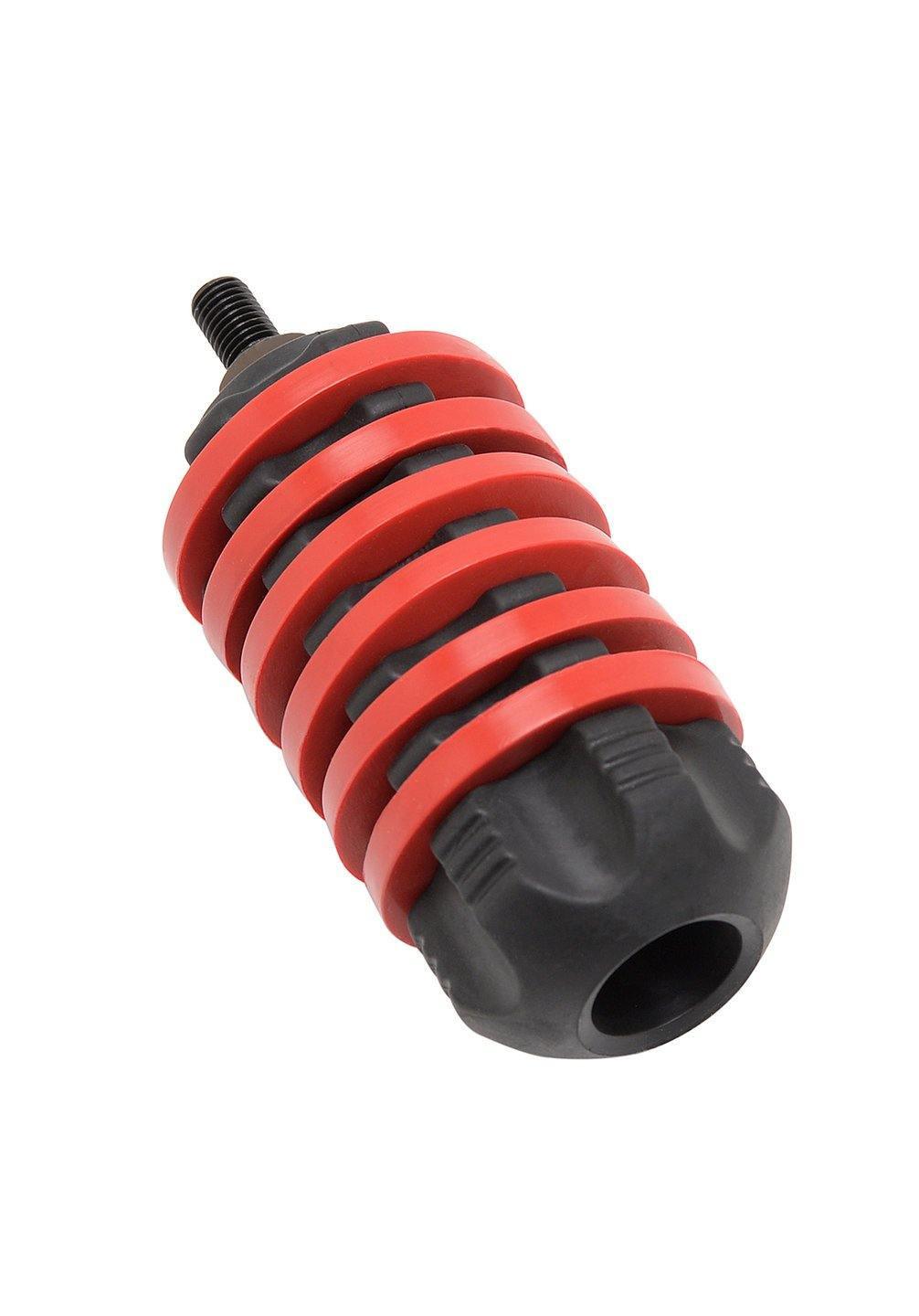 Red and black archery bow stabilizer with ribbed design on a white background