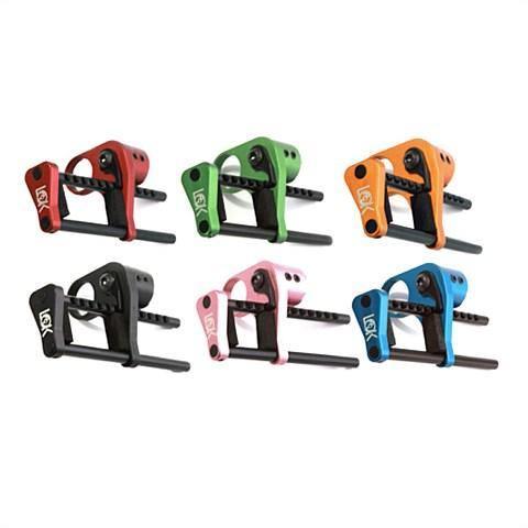 Six acu-loc archery bow locks in red, green, orange, black, pink, and blue on white background