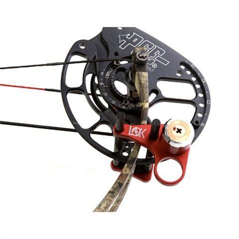 Acu-Loc archery safety bow lock attached to a compound bow cam wheel and string.