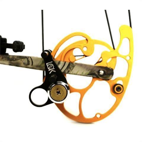 Close-up of Acu-Loc archery safety bow lock attached to compound bow cam mechanism