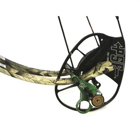Compound bow with camo limbs and green archery safety lock attached to riser