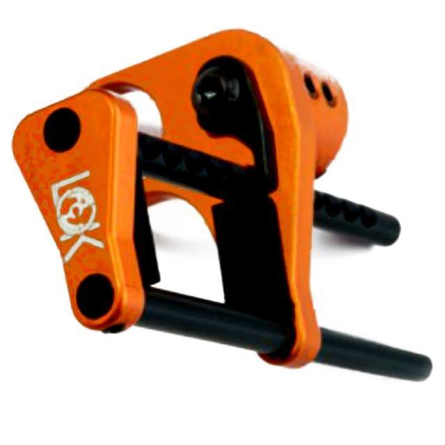 Orange metal archery safety bow lock with black rods, isolated on white background.