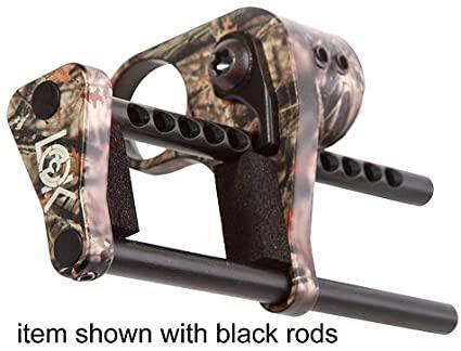 Camo archery bow lock with black rods, ACU-LOC branding, hunting gear close-up