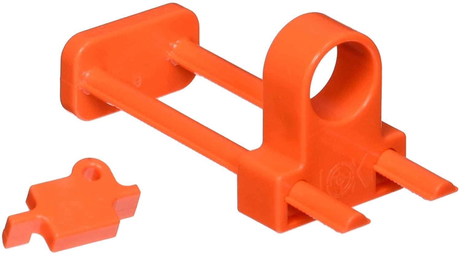 Bright orange economy bow lock for archery or outdoor sports, with separate locking piece