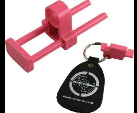 Pink Acu-Loc economy bow lock with black keychain and key for archery security