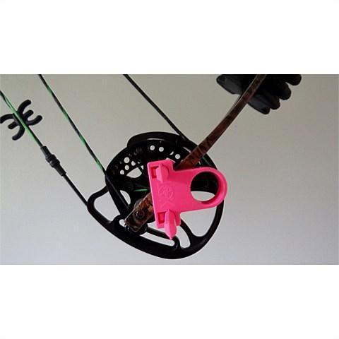 Pink Acu-Loc economy bow lock attached to compound bow string and cam mechanism