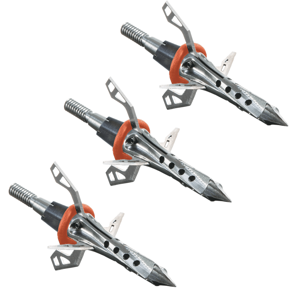 Three Allen Archery Bloodrush 100 grain hybrid blade broadheads with silver blades