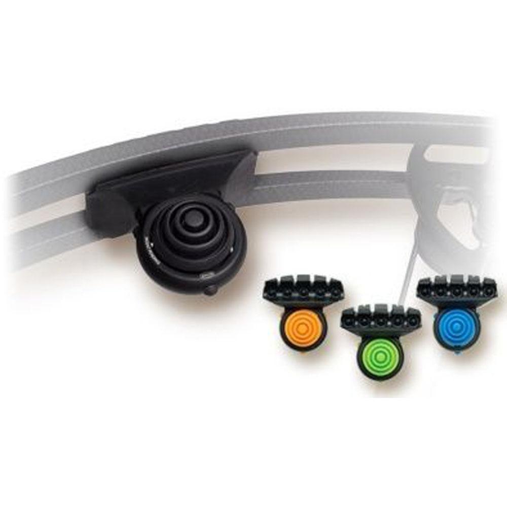 Axion Archery hybrid limb damper in black with orange, green, and blue color options shown.