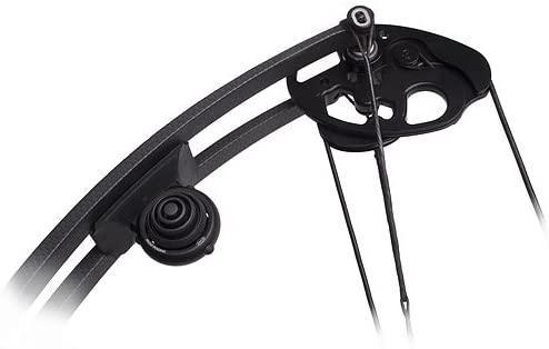 Black compound bow limb with Axion Archery Hybrid limb damper installed, close-up view