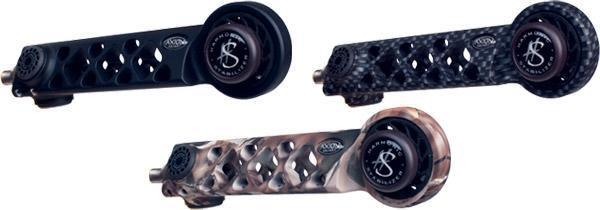 Three Axion Archery Triad GLT stabilizers in black, camo, and carbon finishes, side by side.