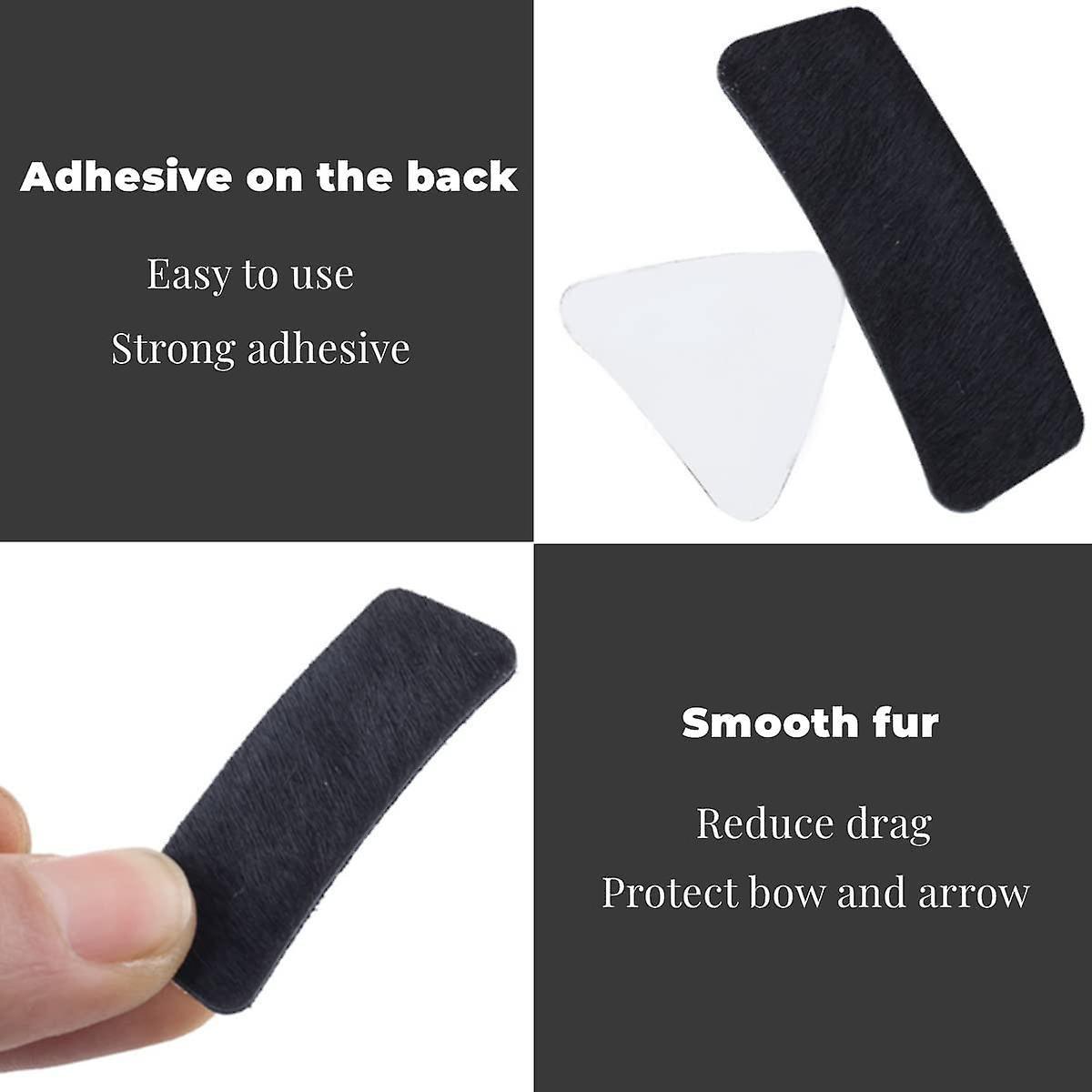 Adhesive-backed black archery arrow rest patch with smooth fur for recurve bow protection