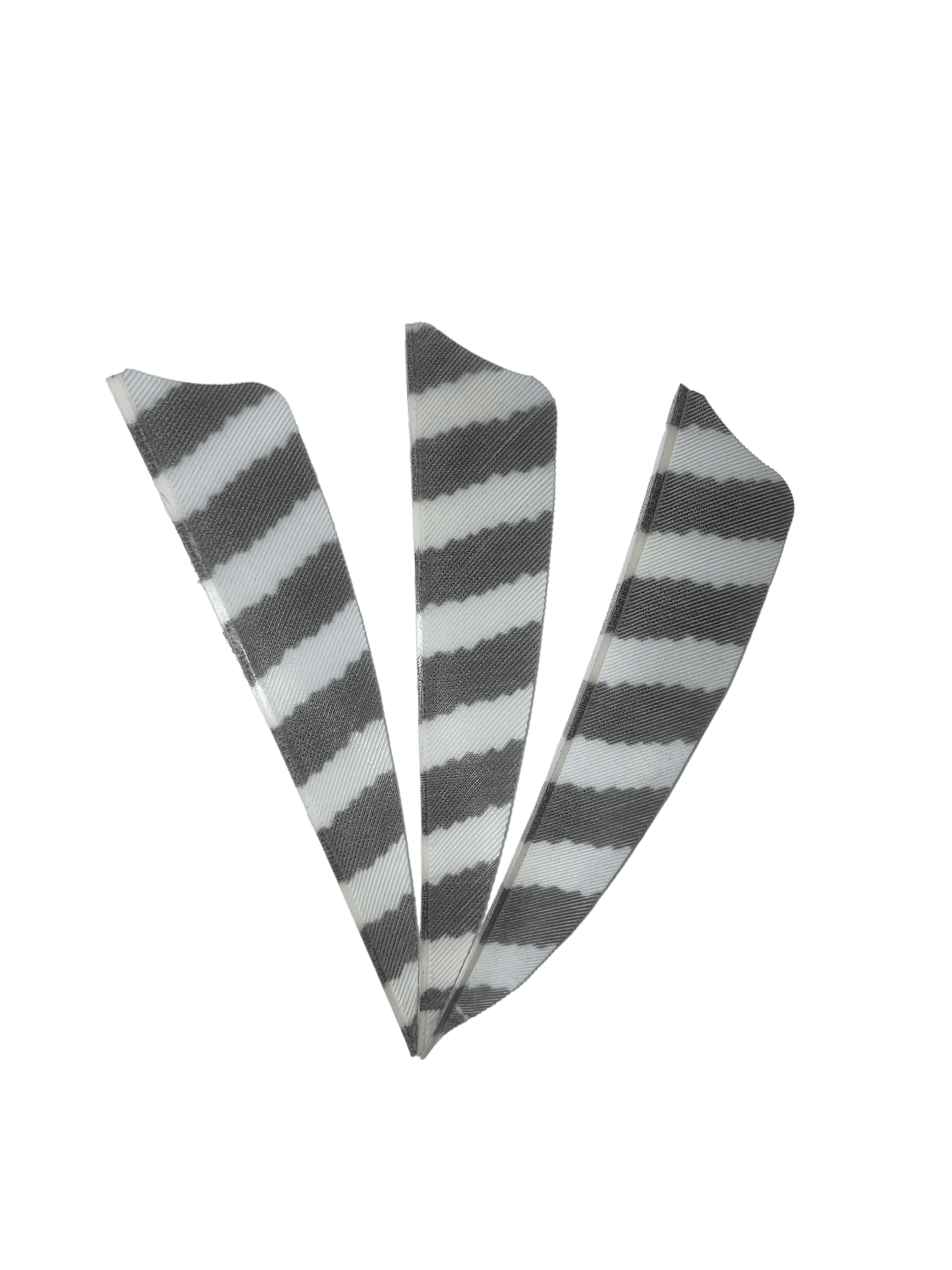 Three barred right wing archery feathers with gray and white stripes on a white background