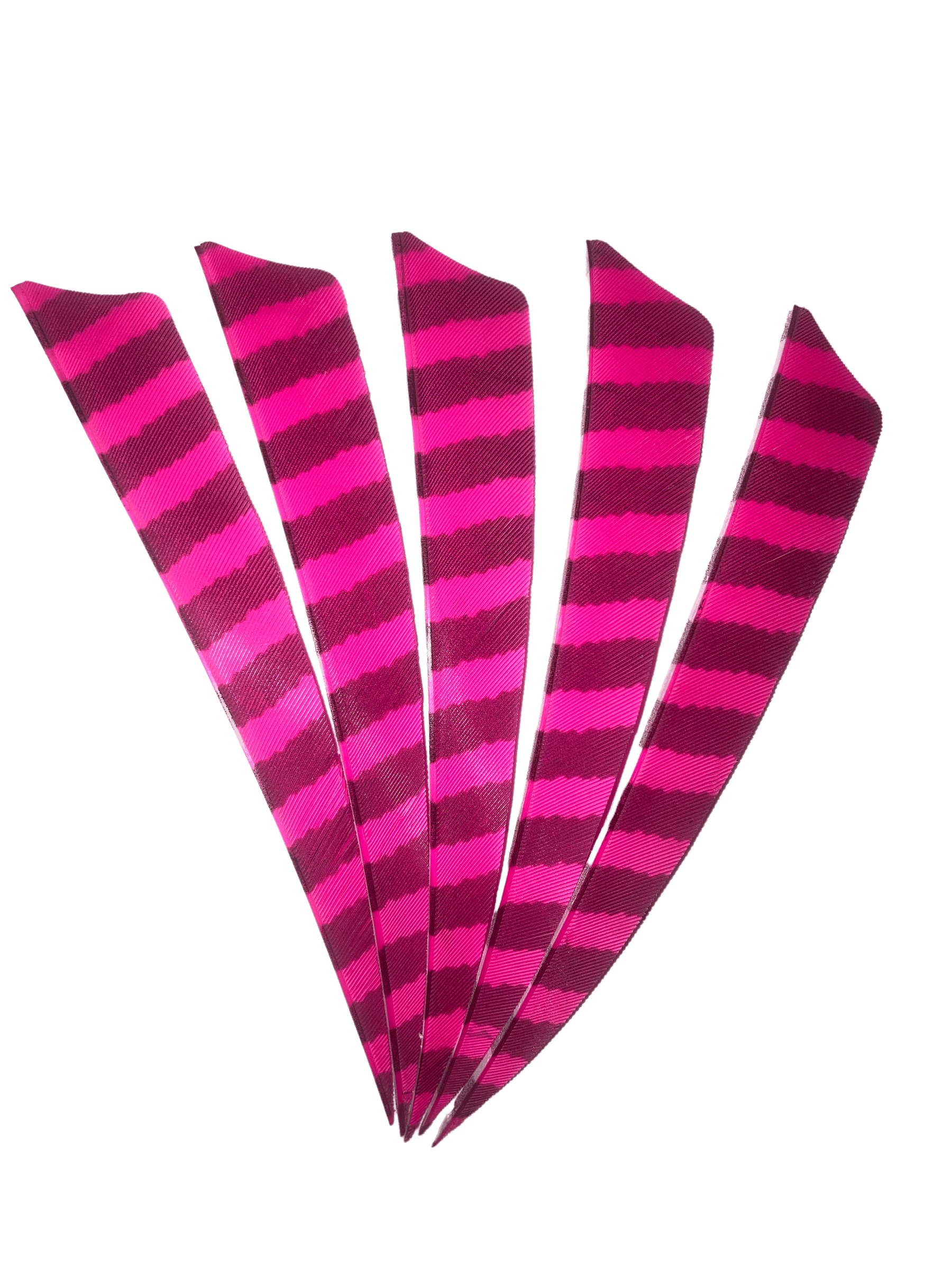 Five pink and black barred right wing archery feathers on a black background