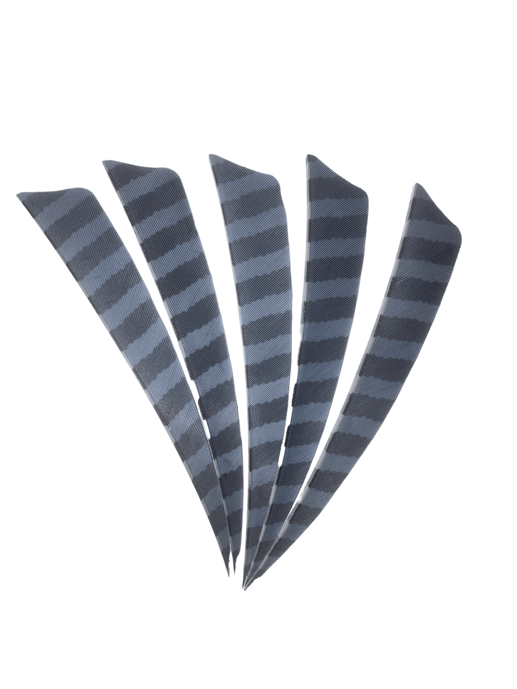 Five gray barred right wing archery feathers on black background