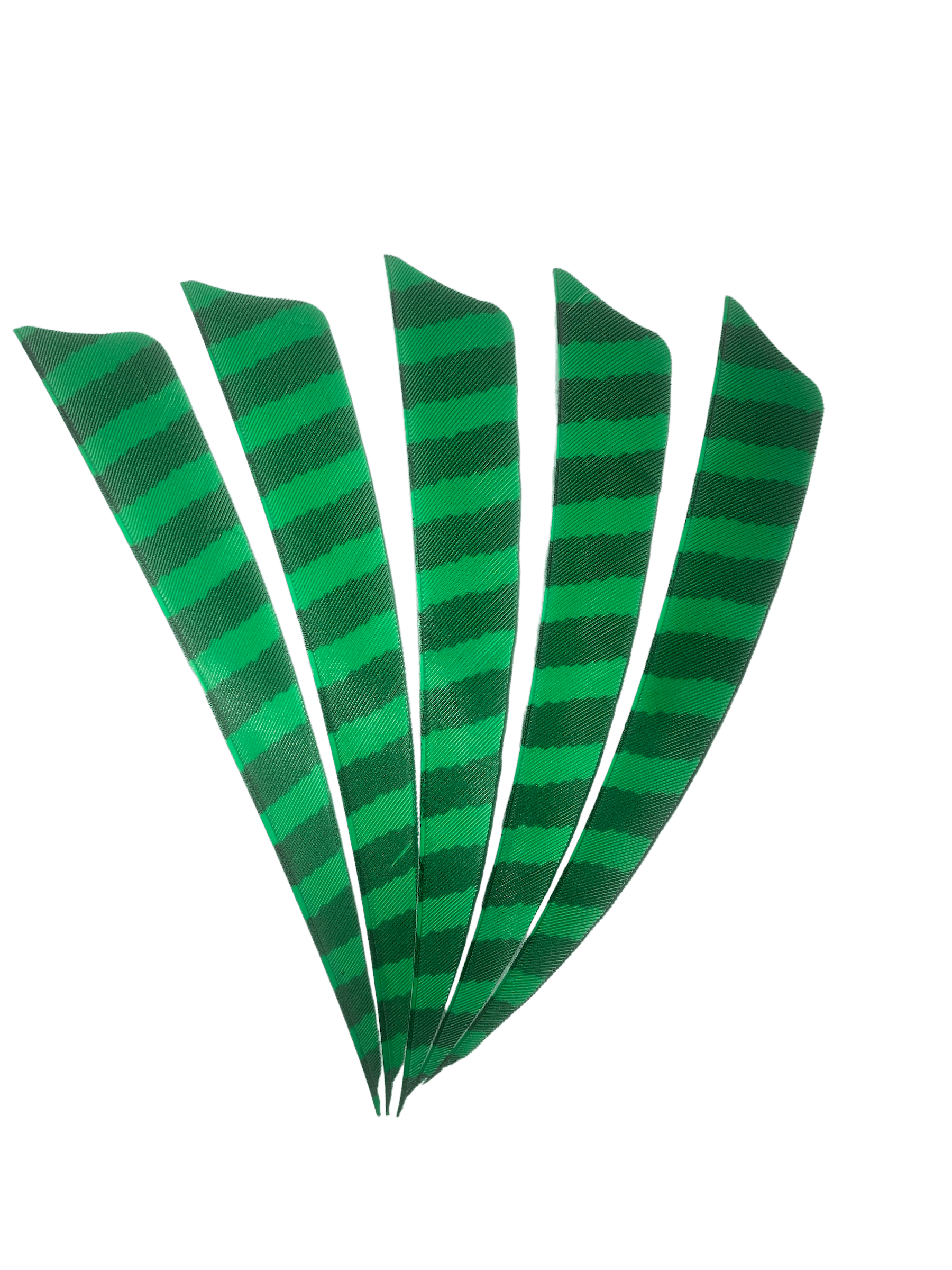 Green barred right wing archery feathers fanned on black background