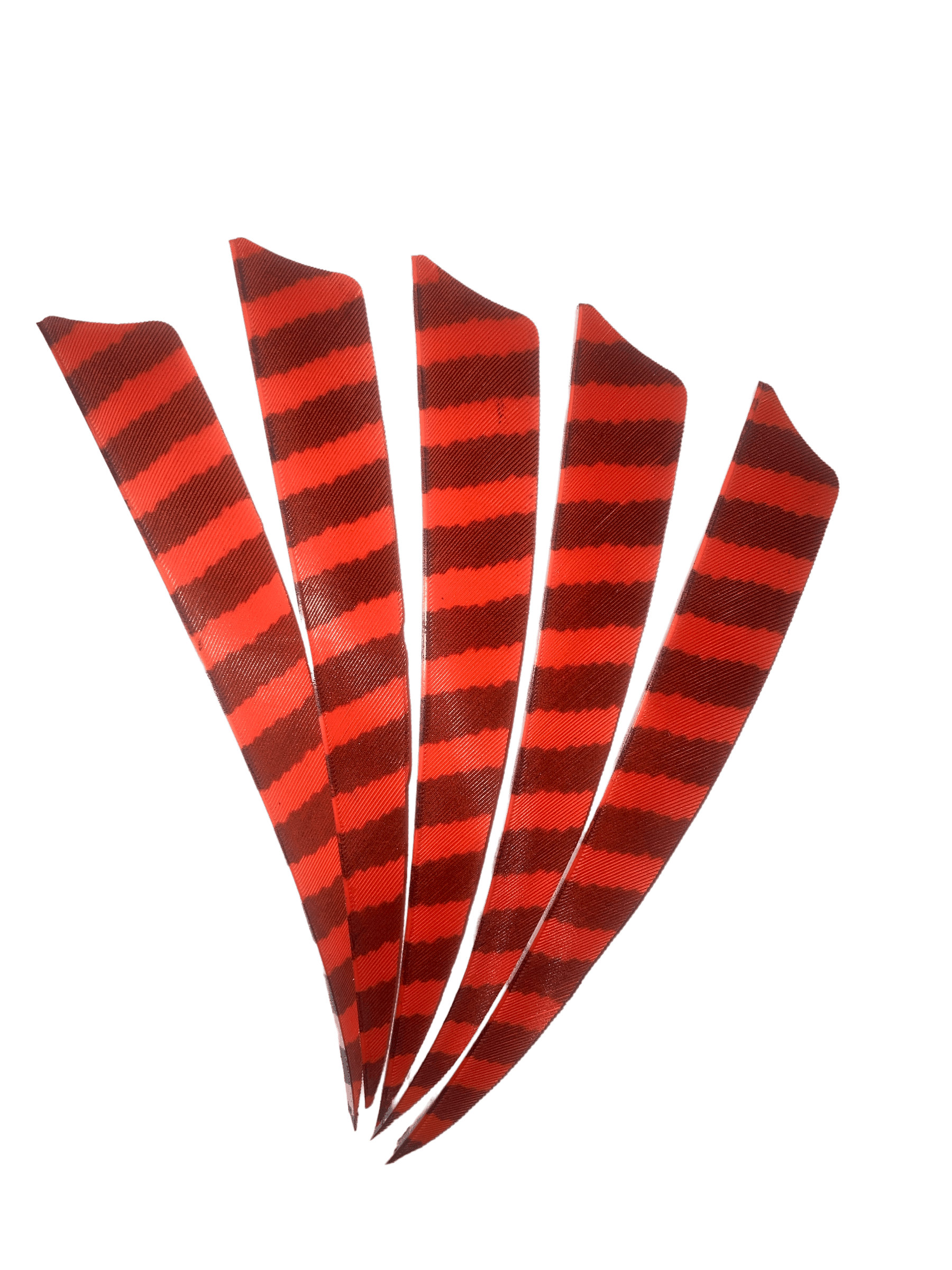 Five red and black barred right wing archery feathers on black background
