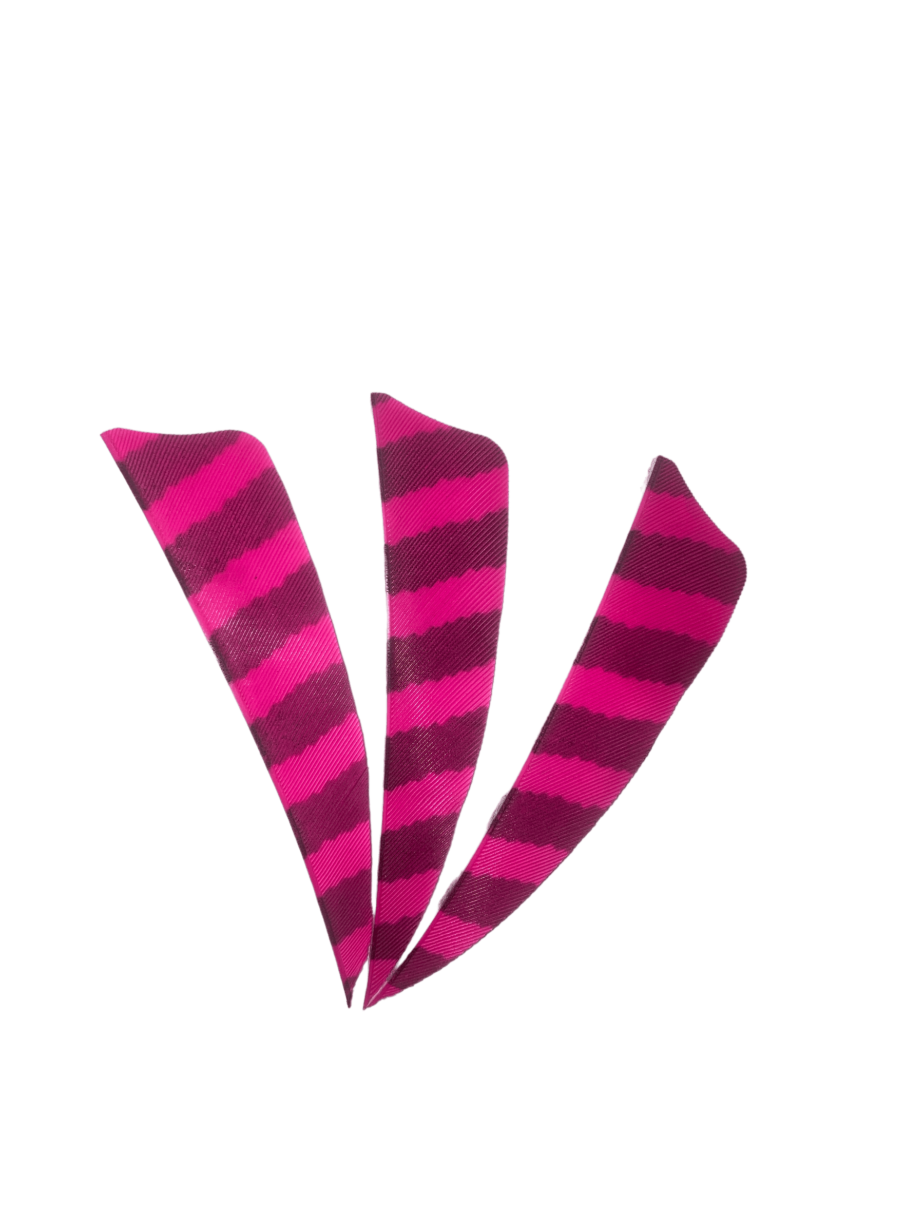 Three pink and black barred right wing archery feathers on black background