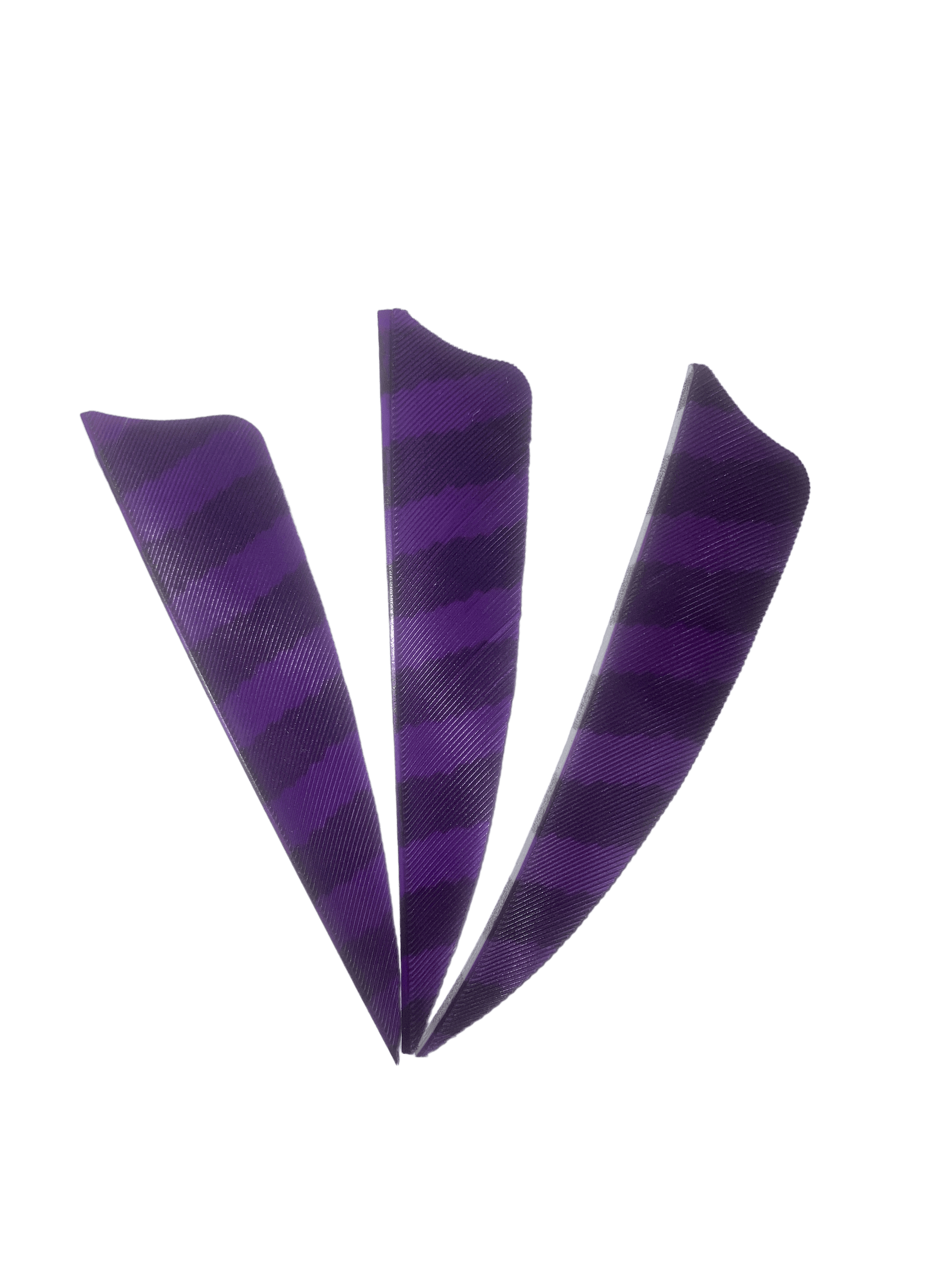Purple barred right wing archery feathers set against black background