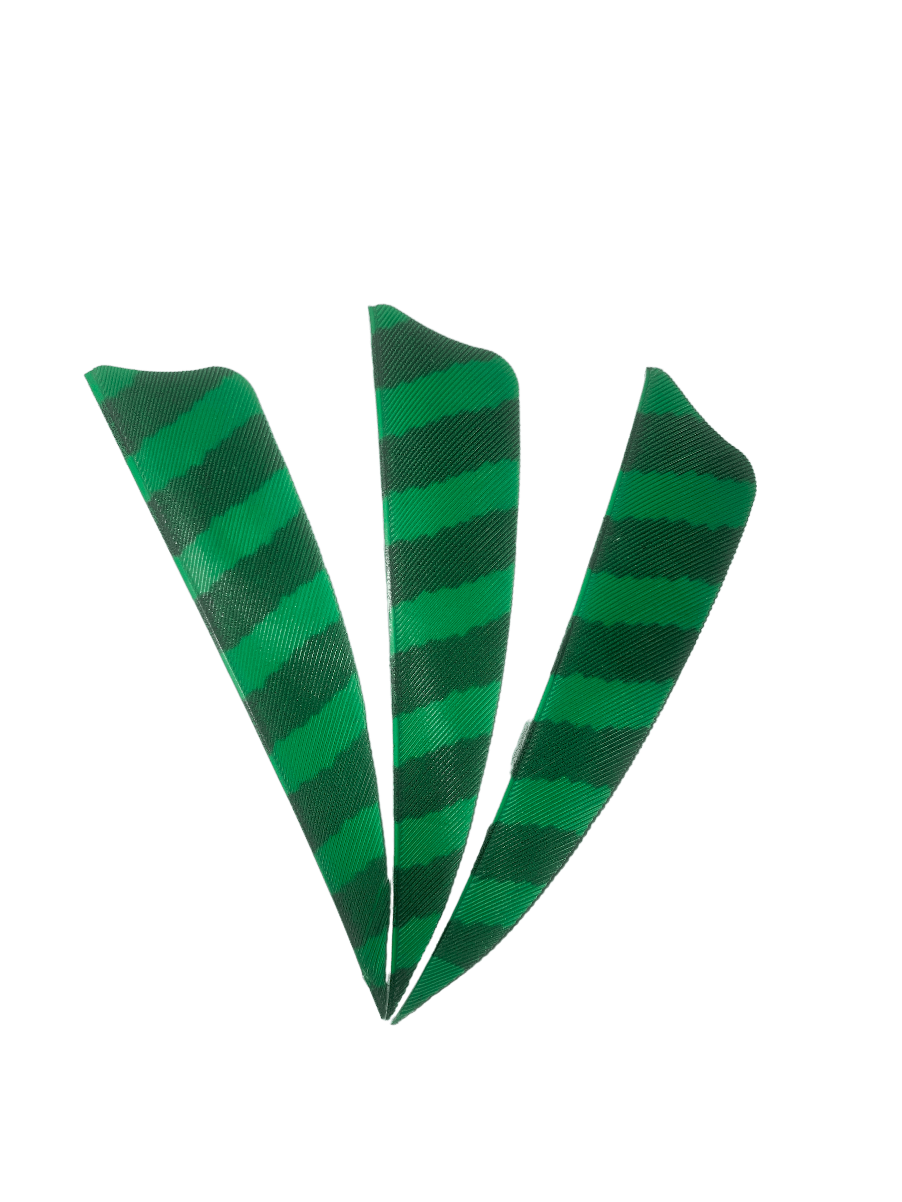Green barred right wing archery feathers set on a black background