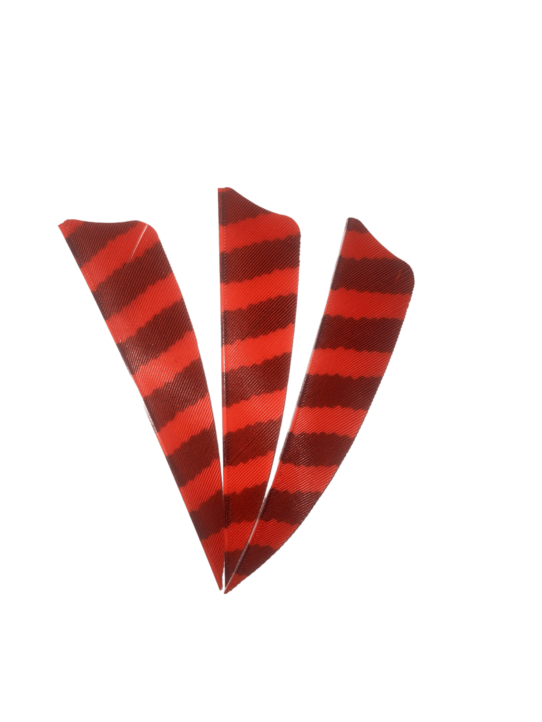 Three barred right wing red and black archery feathers on a black background.