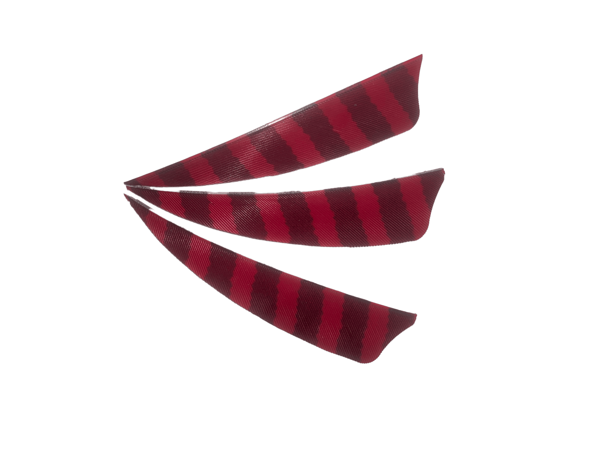 Three red and black barred right wing archery feathers on white background