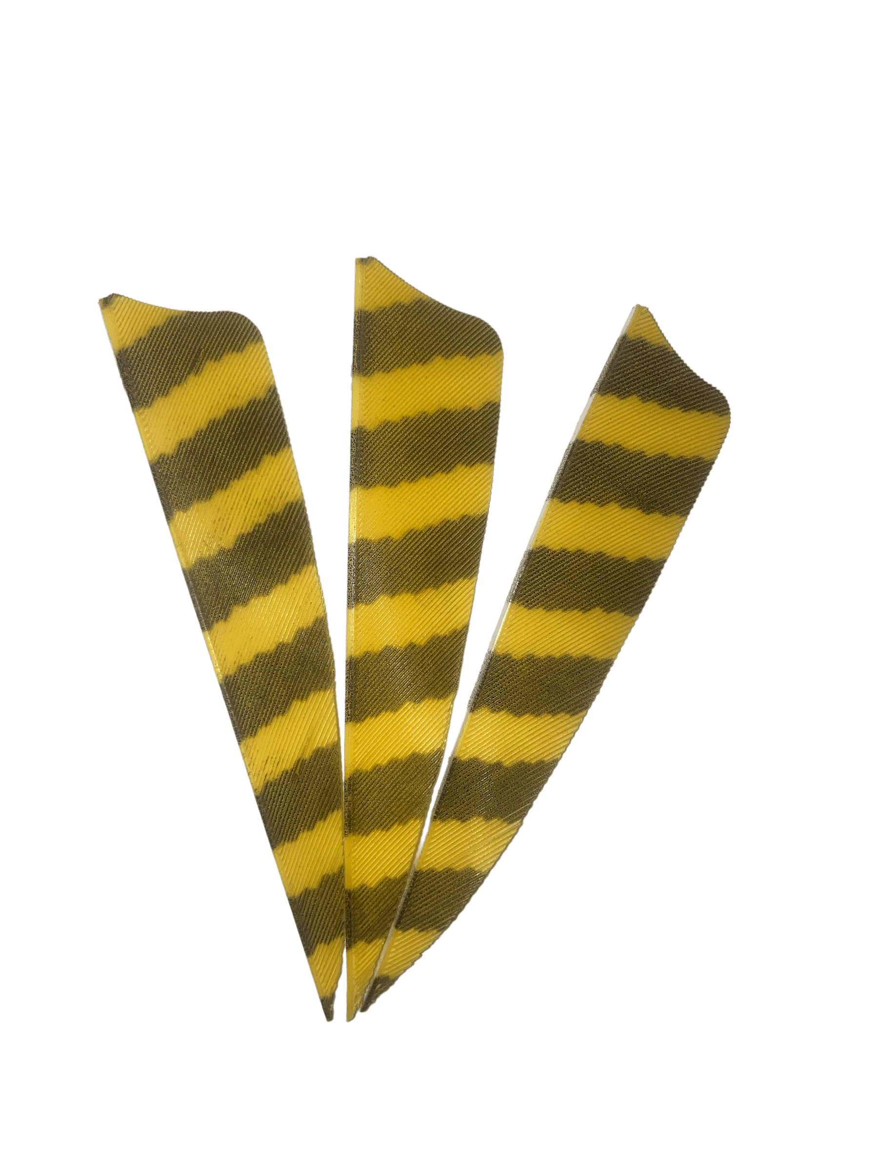 Three yellow and black barred right wing archery feathers on black background