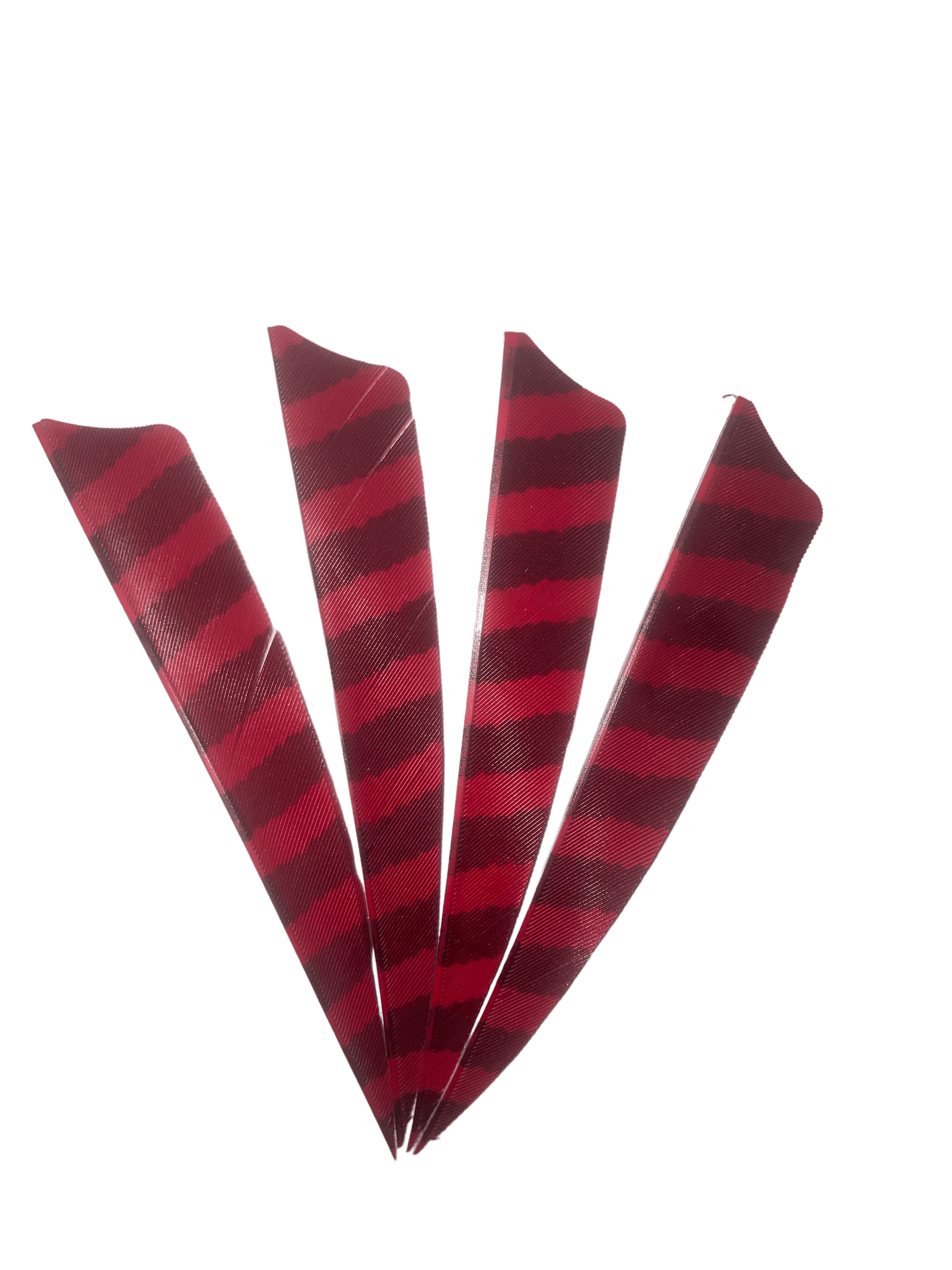 Four red and black barred right wing archery feathers on a black background