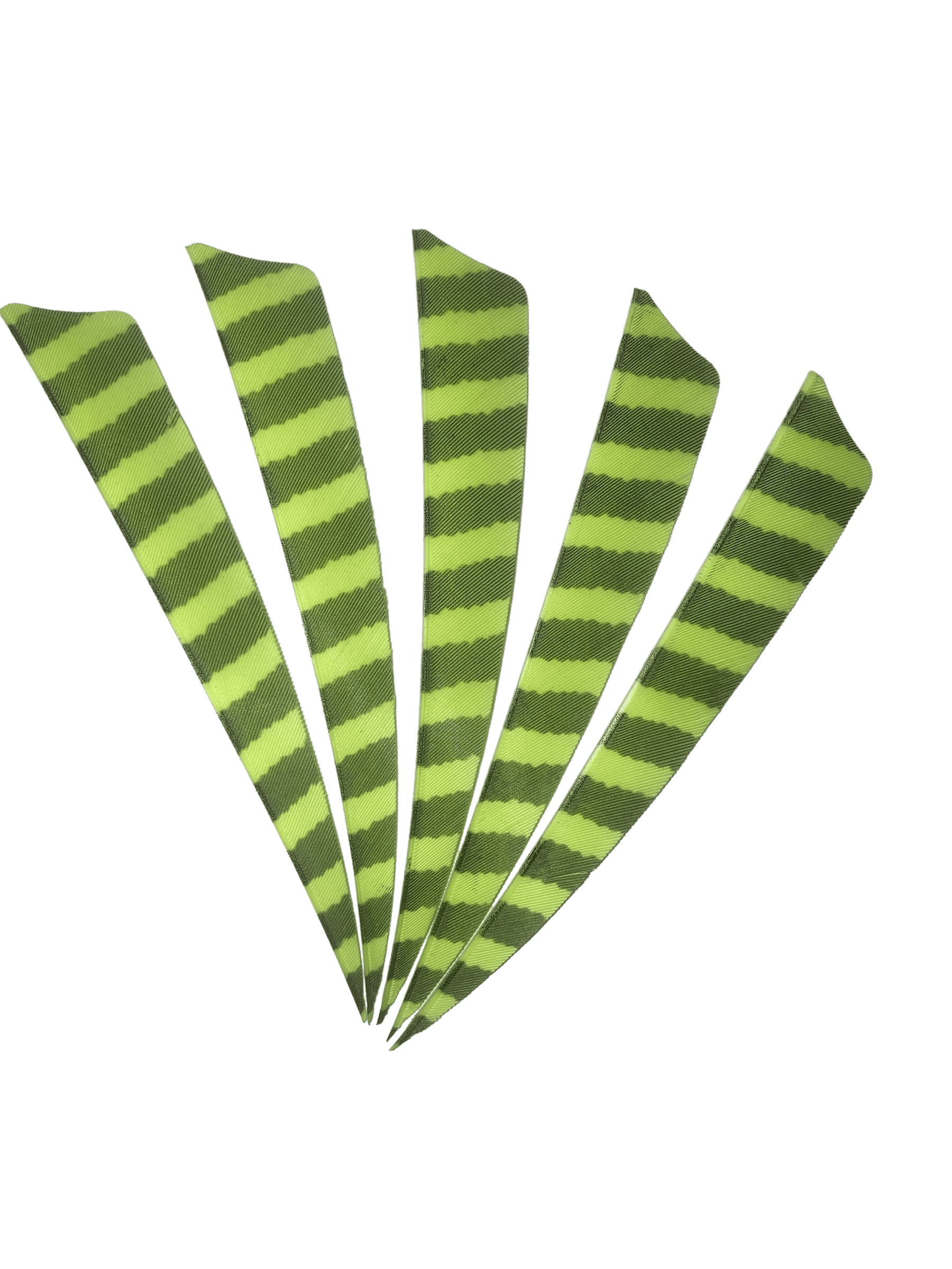 Green barred right wing archery feathers fanned out on black background