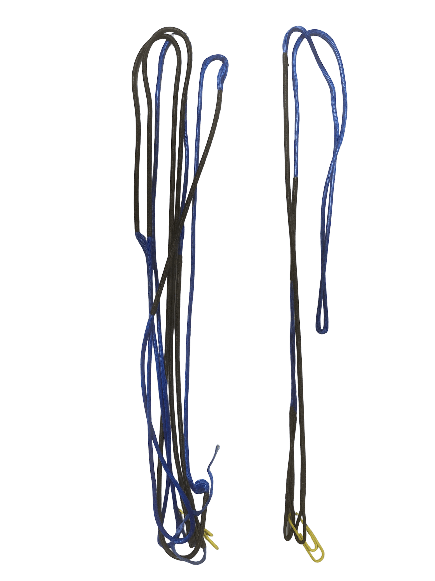 Custom blue and black Genesis compound bow string and cable set on white background