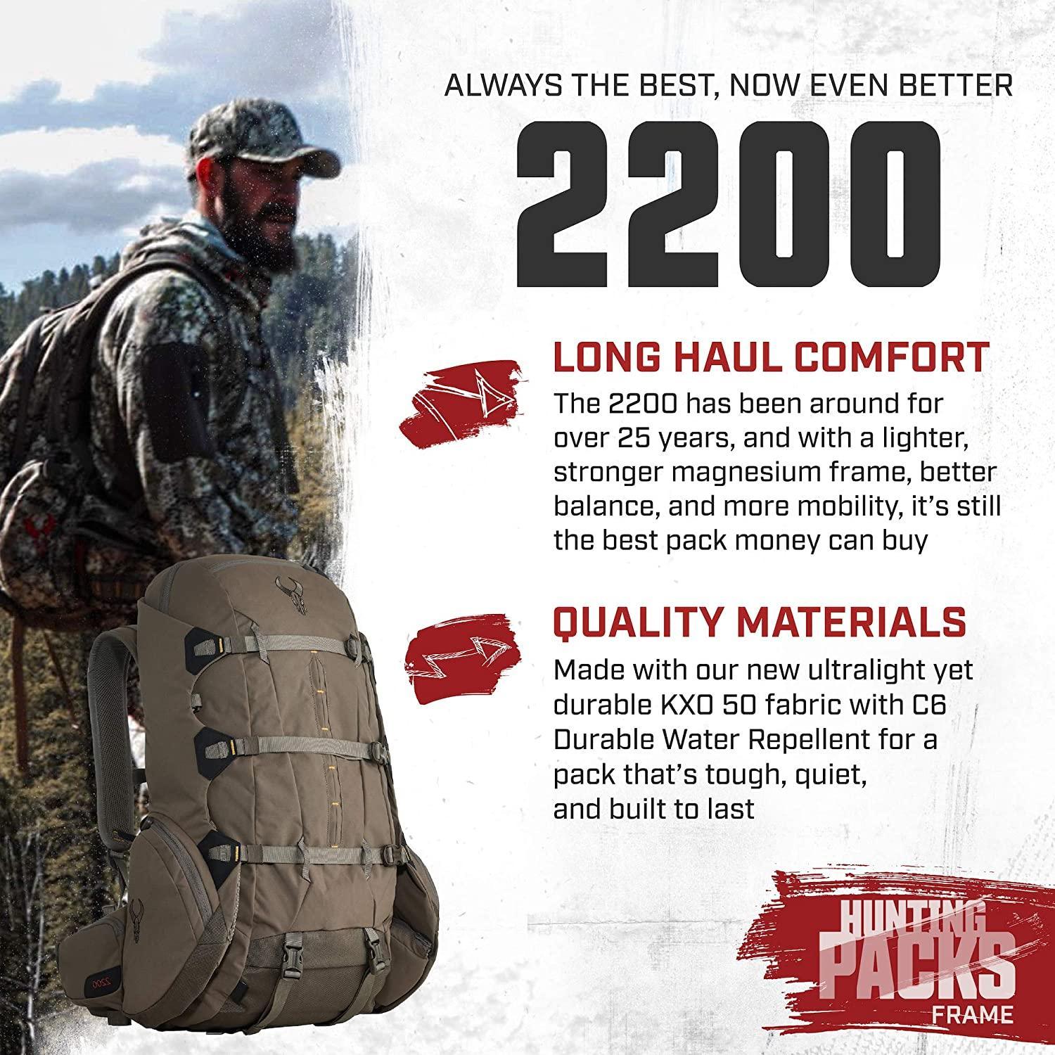 Badlands 2200 hunting backpack in outdoor setting, camo gear, product features highlighted