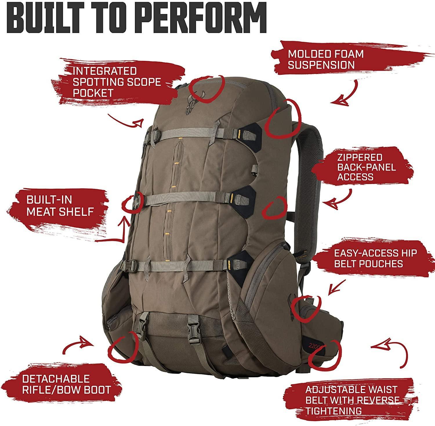 Badlands 2200 hunting backpack with labeled features like meat shelf, rifle boot, hip pouches