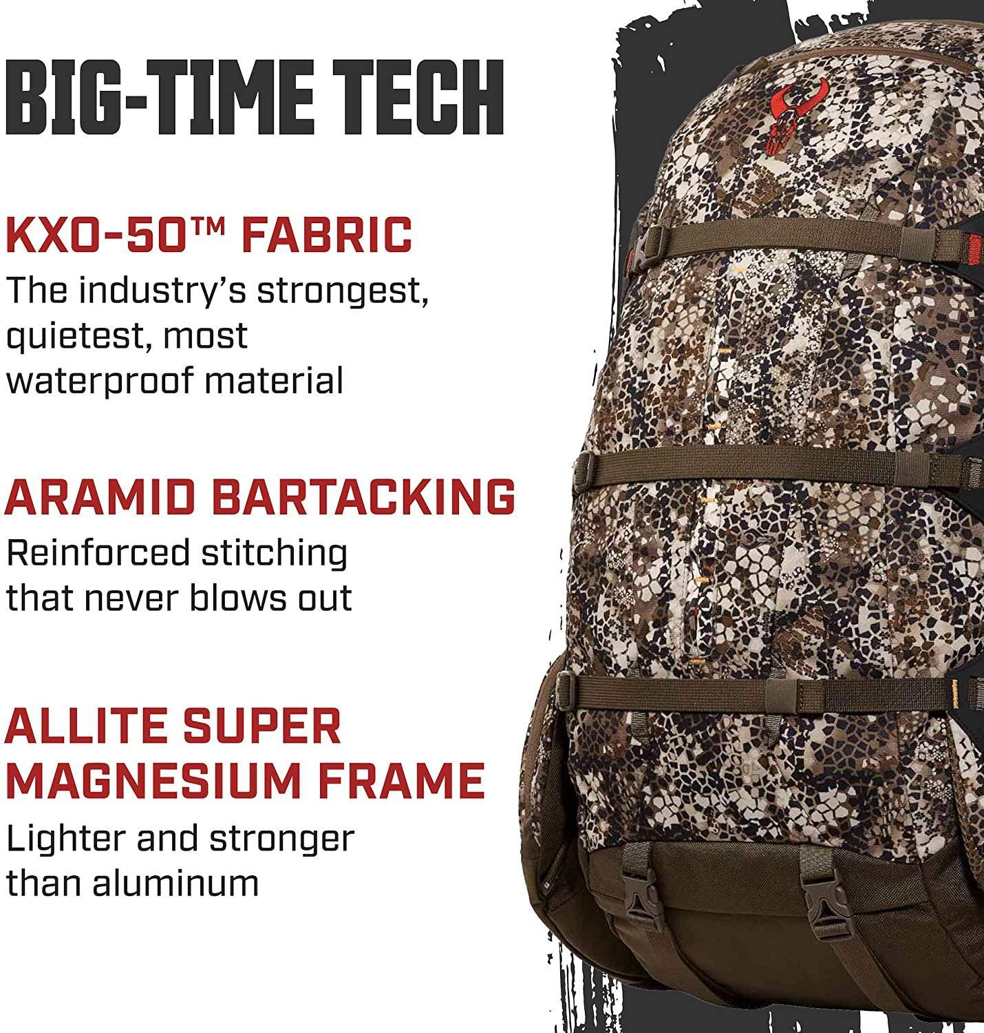 Badlands 2200 camo backpack with KXO-50 fabric and aramid bartacking features highlighted