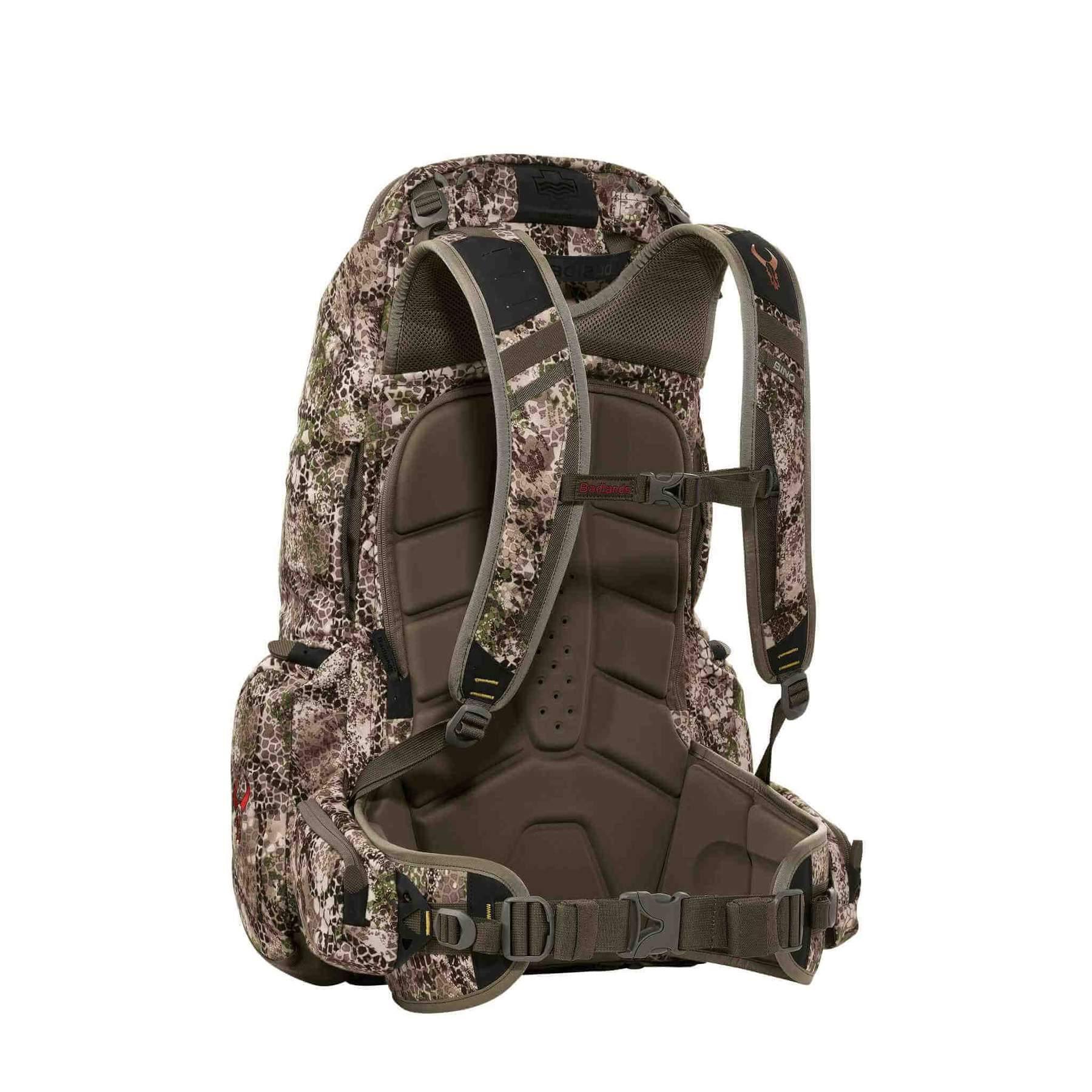 Badlands 2200 camo hunting backpack with padded straps and hip belt on white background