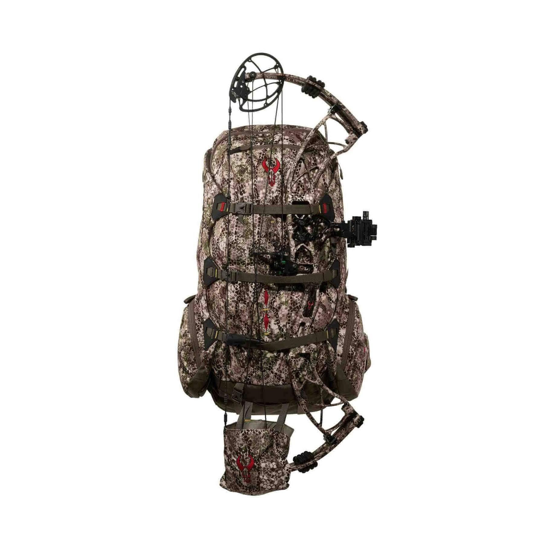 Badlands 2200 camo hunting backpack with attached compound bow, outdoor gear