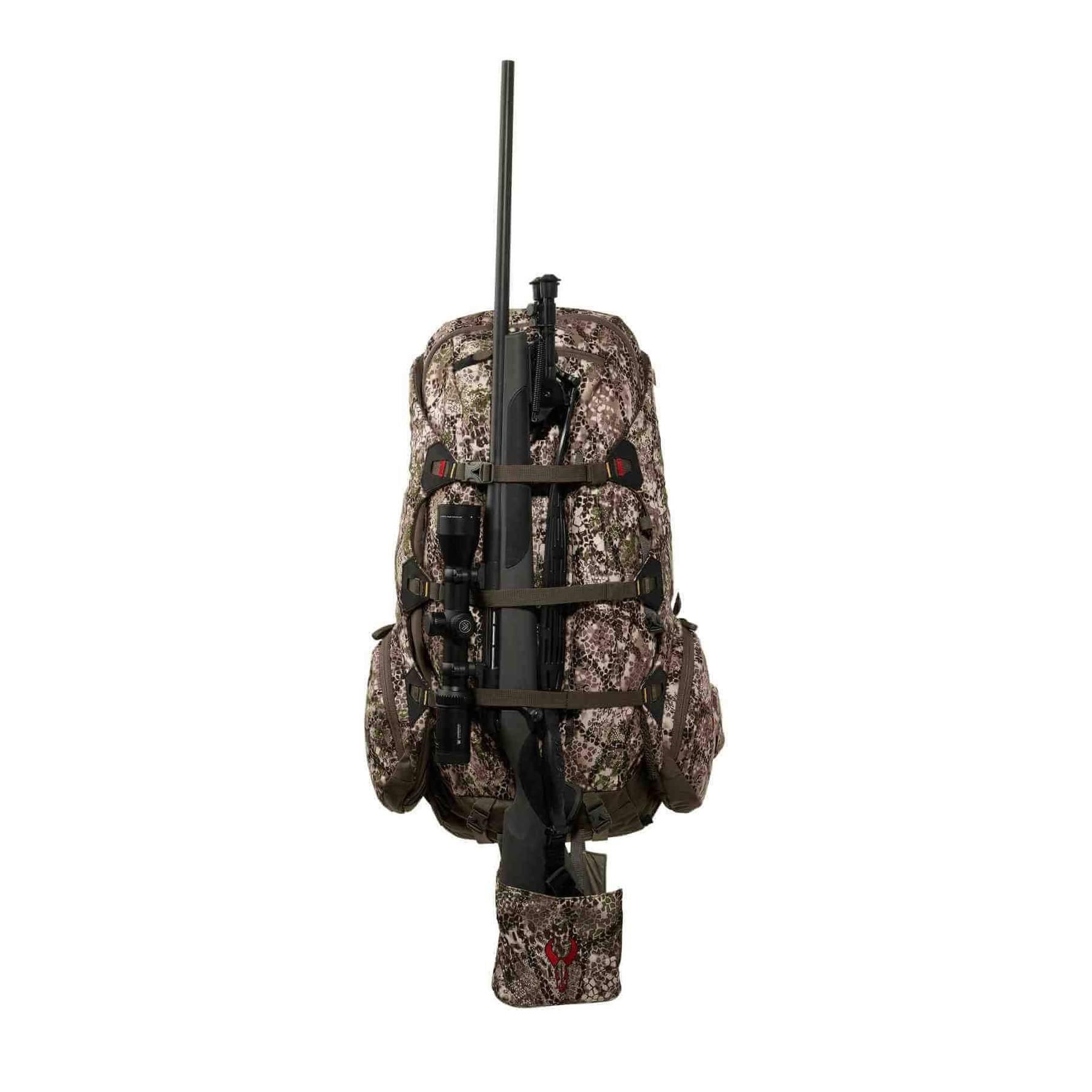 Camo hunting backpack with rifle holder, Badlands 2200, front view on white background