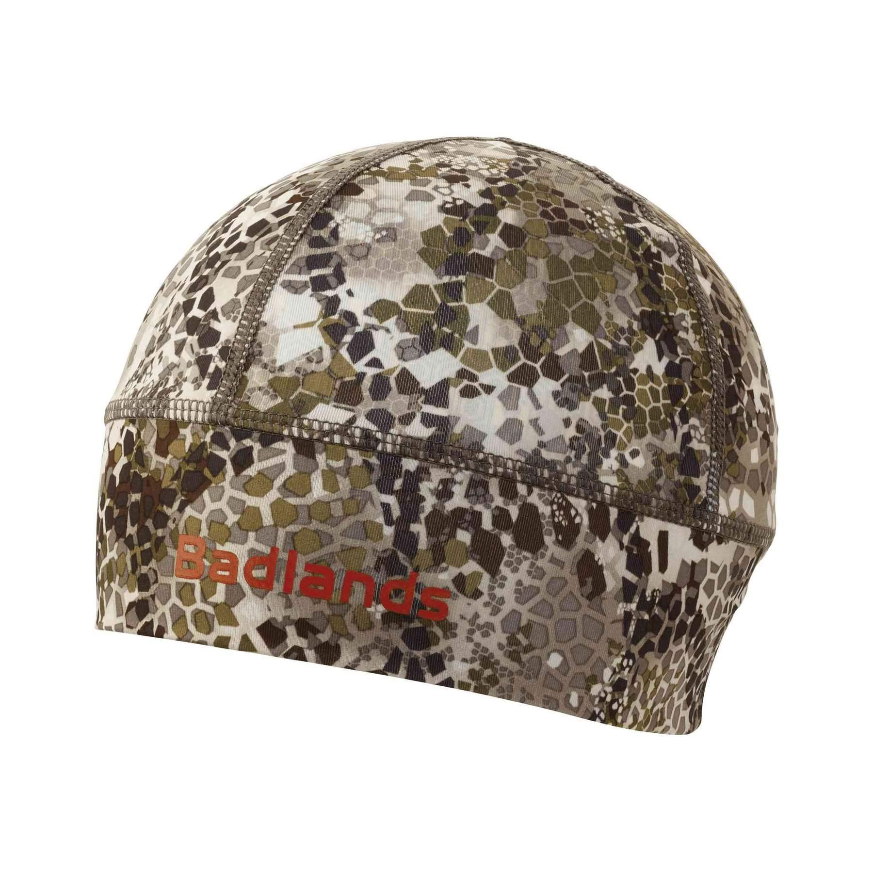 Badlands Algus camo beanie with hexagonal pattern and red logo, outdoor sports hat