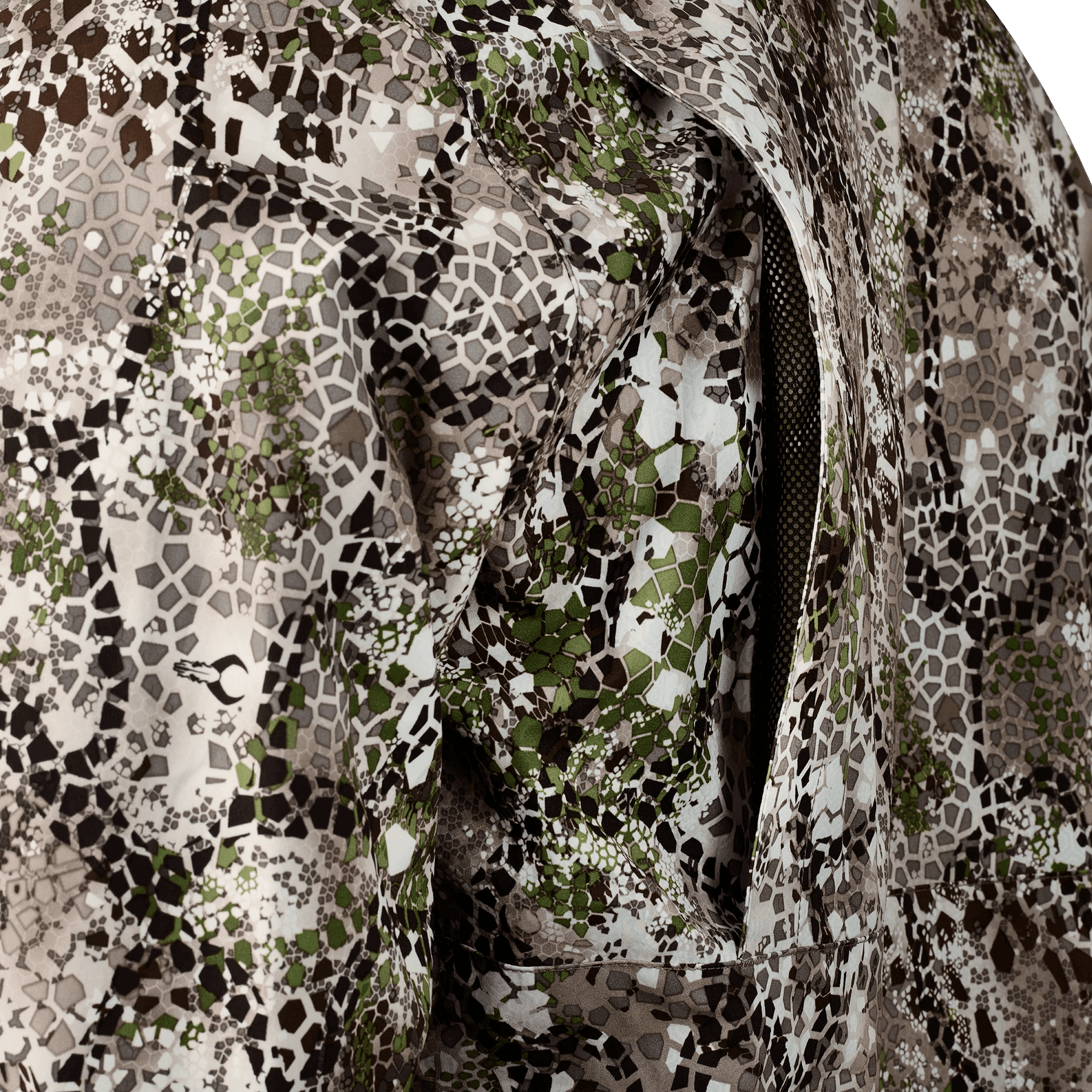 Close-up of Badlands Algus camo shirt with vented mesh and green-brown pattern