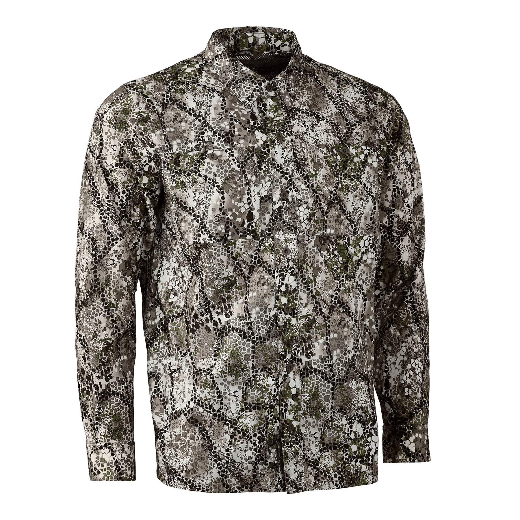 Badlands Algus camo long sleeve button down shirt with green and brown digital pattern