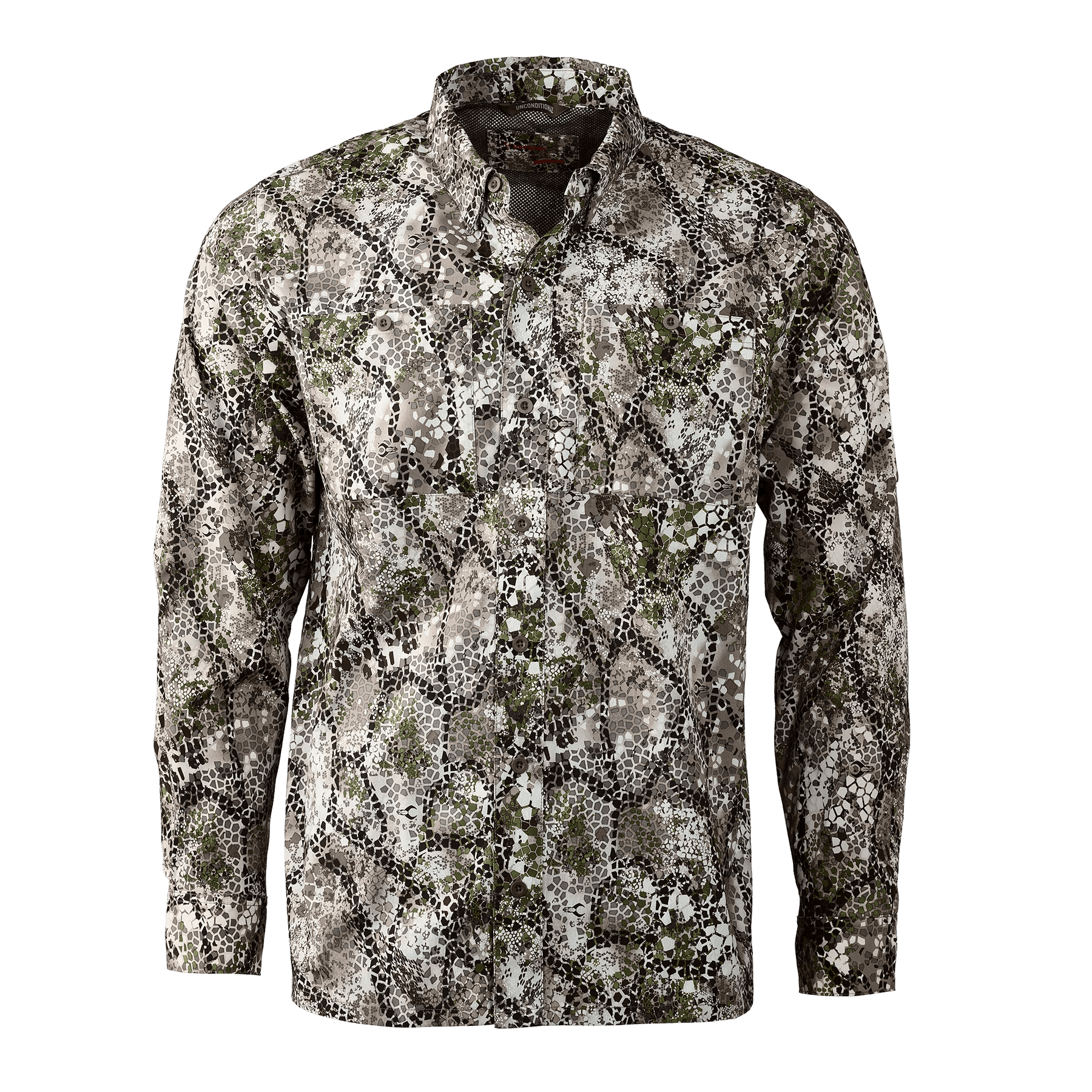 Badlands Algus button-down shirt with green and brown camo pattern on plain background