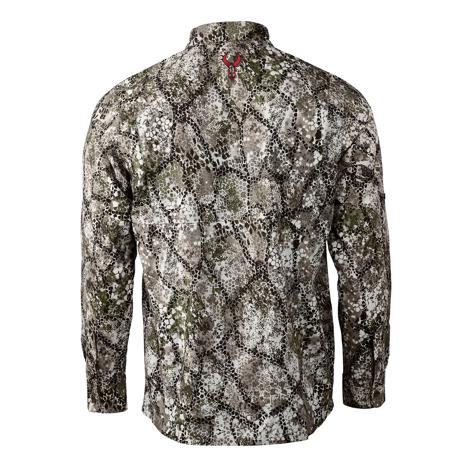 Badlands Algus camouflage button down shirt, long sleeve, back view on plain background