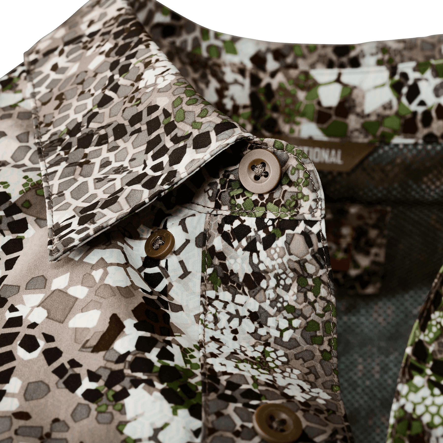 Badlands Algus button down shirt with green and brown camouflage pattern and buttons