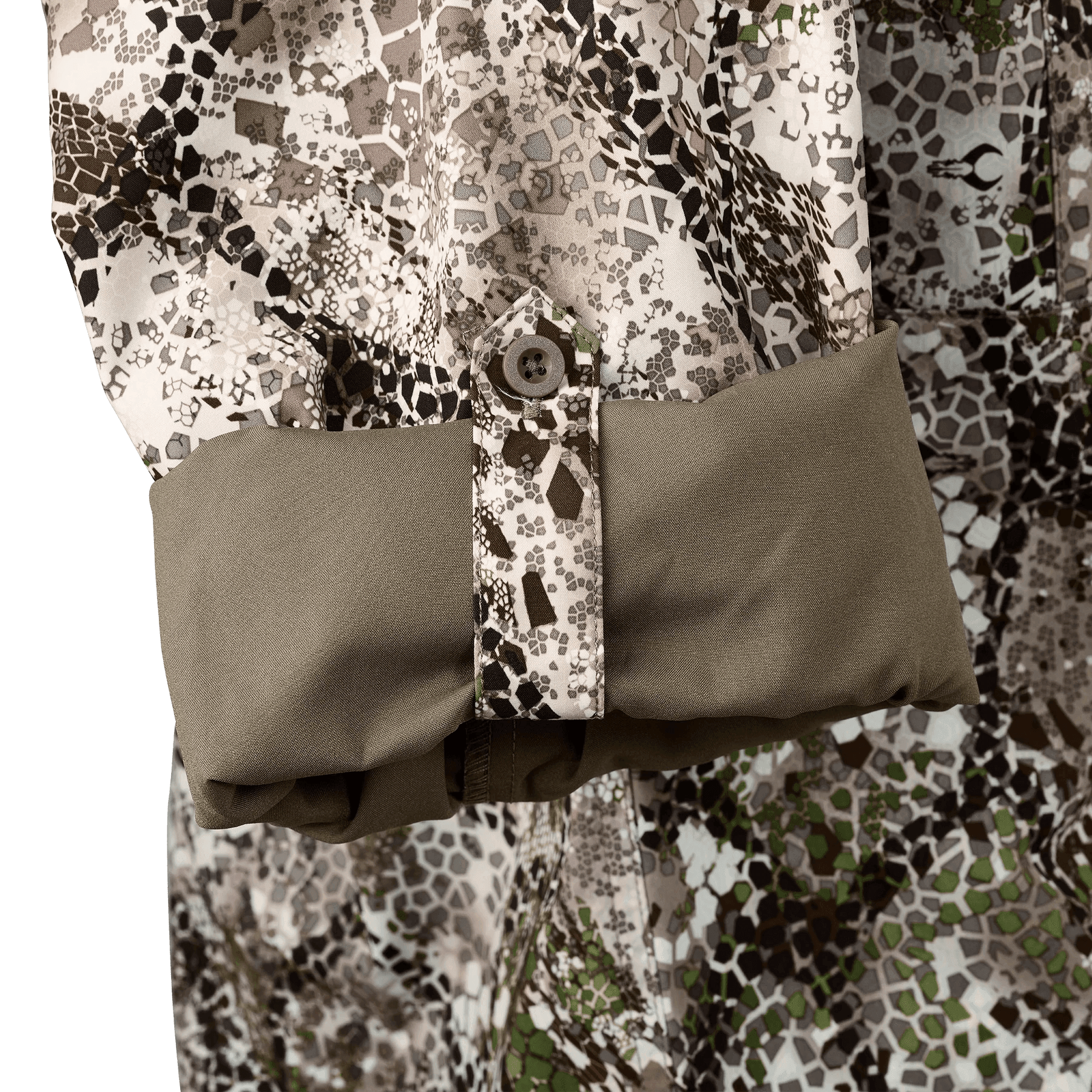 Badlands Algus shirt sleeve closeup in camo pattern with rolled cuff and button detail
